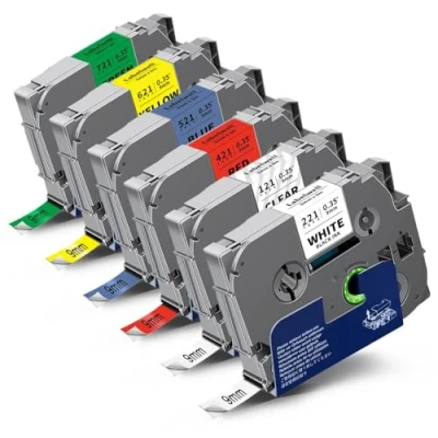 Abbildung von 6x Labelwell kompatibel TZe 9mm Schriftband für Brother 221 121 421 521 621 721 Tape P touch PT H107B H105 H100 H110 P710BT E110 E100 D400 D210VP