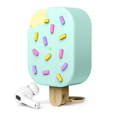 Abbildung von elago Eiscreme Hülle, kompatibel mit AirPods Pro 2, 2. Generation, Karabinerhaken enthalten, unterstützt kabelloses Laden, vollständiger Schutz (Mint)