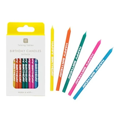 Abbildung von Talking Tables 24 x Happy Birthday Kerzen mit Haltern Topper Kuchendekorationen für Jungen oder Mädchen, helles Regenbogen Thema, Gelb, Rosa, Grün, Blau und Orange, recycelbare Verpackung