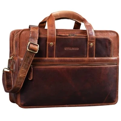 Abbildung von STILORD &#039;Yves&#039; Aktentasche Herren Damen Leder Arbeitstasche Dokumententasche 15,6 Zoll Laptoptasche Businesstasche Lehrertasche echtes Rindsleder, Farbe:kara cognac
