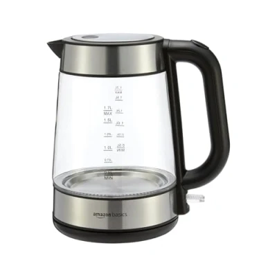Abbildung von Amazon Basics Elektrischer Wasserkocher aus Glas, 1,7 l, 2200 W, Schwarz, Silber