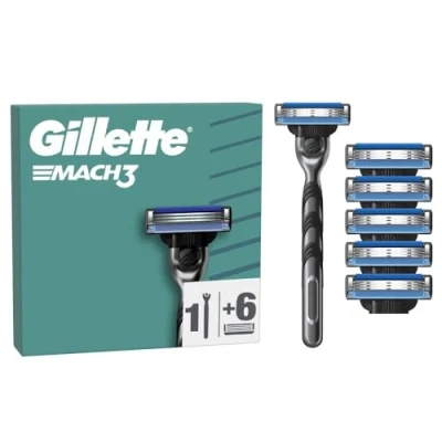 Abbildung von Gillette Mach3 Basis Rasierer für Männer, 1 Rasierer, 6 Ersatzklingen, Mit Gleitstreifen ein sanftes Gleiten und NEUER Klingenbeschichtung, weniger Hautirritation