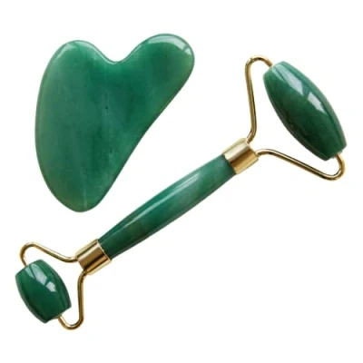 Abbildung von Gesichtsroller und Gua Sha Stein Massage Set in 2 Varianten beruhigt entspannt die Haut Rollmassierer, Augenmassierer (Jade)