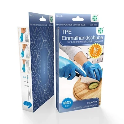 Abbildung von SF TPE Einmalhandschuhe, Größe L, 200 St./Box, Einweghandschuhe, Untersuchungshandschuhe, Handschuhe, puderfrei, ohne Latex, unsteril, latexfrei, Lebensmittelhandschuhe