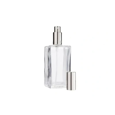 Abbildung von Fantasia Parfum Flakon leer 100ml mit Zerstäuberpumpe, eckige Klarglas Flasche zum selbst Befüllen, Zerstäuber und Kappe in Silber, nachfüllbar für