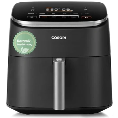 Abbildung von Cosori Turboblaze Airfryer, Heißluftfritteuse mit Keramikbeschichtung, 9 in 1 Air Fryer XXL 6L, leiser DC Motor 5 Geschwindigkeitsstufen, Backen, Gären, Dehydrieren, Tiefkühlen, 87 Rezepte