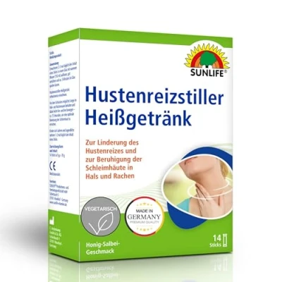 Abbildung von SUNLIFE Hustenreizstiller Heißgetränk 1 x 14 Pulver Sticks Hustenlöser mit Wirkstoff Gummi arabicum Honig Salbei Geschmack Mittel gegen Husten &amp; Halsschmerzen