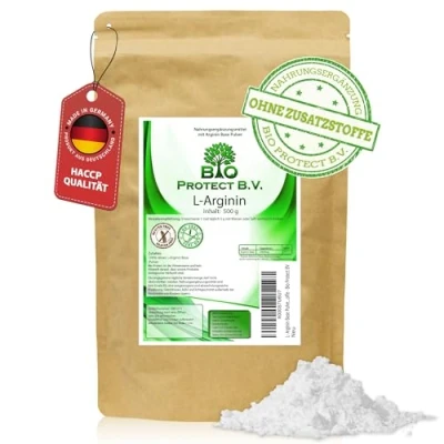 Abbildung von L Arginin Base Pulver 500 Gramm 100% ohne Zusatzstoffe reinstes in Premiumqualität von Bio Protect immer frei Magnesiumstearat und anderen Zusatzstoffen