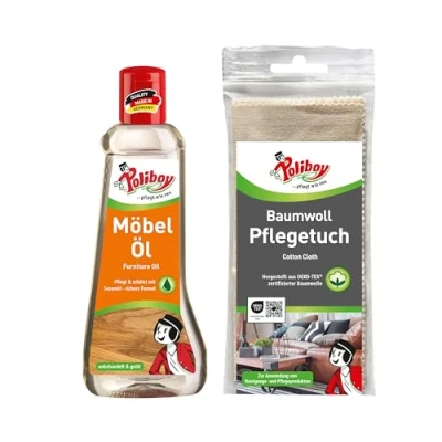 Abbildung von POLIBOY Möbel Öl Holzpflegemittel für unbehandelte und geölte Holzmöbel Farbloses Holzöl zur Auffrischung Pflege 1x 200 ml inkl. Baumwolltuch Anwendung Made in Germany