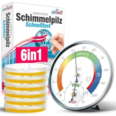 Abbildung von Schimmeltest + Thermohygrometer: Zum Check der Schimmelbelastung für bis zu 6 Räume. Inkl. analogem Thermo Hygrometer
