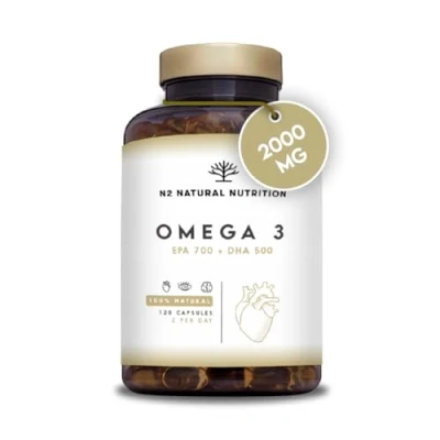 Abbildung von Omega 3 Kapseln Hochdosiert mit 2000 mg Fischöl 700mg EPA und 500 DHA, Vitamin E den Fettsäuren. 120 Softgel Kapsel reines Seefischöl N2 Natural Nutrition
