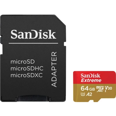 Abbildung von SanDisk Extreme microSDXC UHS I Speicherkarte 64 GB + Adapter (Für Smartphones, Actionkameras und Drohnen, A2, C10, V30, U3, 170 MB/s Übertragung, RescuePRO Deluxe)