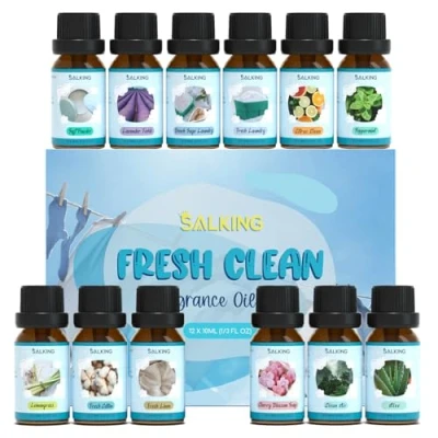 Abbildung von SALKING Sauber Ätherische Öle Set, 12x10mL Duftöl für Diffuser,Zitronengras,Baumwolle,Leinen,Kirschblütenseife,Saubere Luft,Aloe Vera,Talkumpuder,Lavendelfelder,Salbei Waschmittel,Zitrusfrüchte,Minze