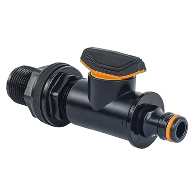 Abbildung von GASMIS Tankdurchführung mit Absperrhahn, Außengewinde 26,44mm, 3/4&quot; xQuick Connector, Regentonnendurchführung, Regenfass, Wassertonnen, 1 Stück
