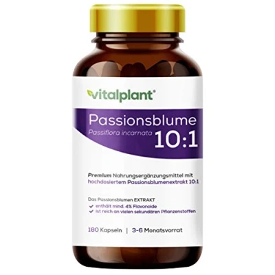 Abbildung von Vitalplant® Passionsblumen Extrakt 10:1 im Braunglas 3750mg Passionsblumenkraut pro Kapsel 180 Stück günstigen 6 Monatsvorrat Hergestellt in pharmazeutischer Manufaktur Deutschland Vegan