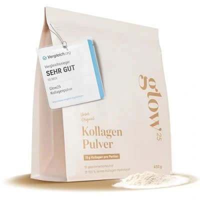 Abbildung von Glow25® Collagen Pulver [450g] Das Original Premium Kollagen Hydrolysat Peptide Typ 1 und 3 Perfekte Löslichkeit Natur