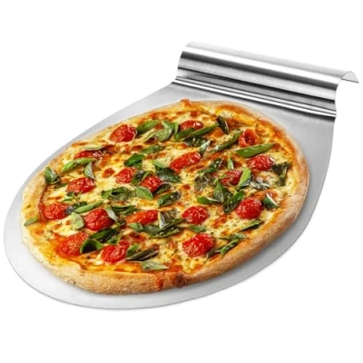 Abbildung von com four® Pizzaschieber aus rostfreiem Edelstahl Tortenhebe Blech mit Griffmulde Kuchen und Pizzaheber Pizzaschaufel bis zu Ø 26 cm (silberfarben rund)