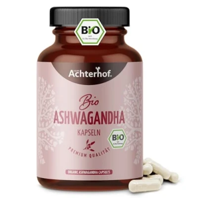 Abbildung von Ashwagandha Kapseln Bio 150 Stück hochdosiert 1500mg pro Tagesdosis fein gemahlenes Pulver in Qualität bedeutende Rolle im indischen Ayurveda vom Achterhof
