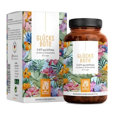 Abbildung von NATURTREU® GLÜCKSBOTE 5 HTP Komplex 90 vegane Kapseln mit 100mg aus Griffonia, Safran, Zitronenmelisse &amp; Vitamin B6 hochdosiert, ohne Zusatzstoffe Stimmungskapseln