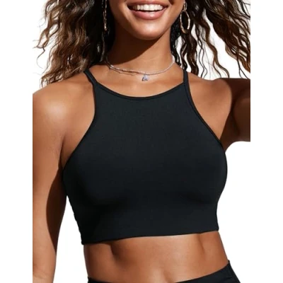 Abbildung von CRZ YOGA Damen Bikinitops Stehkragen Bikini Sport BH Racerback Gepolstert Bikinioberteil Sexy Oberteil Schwarz 38