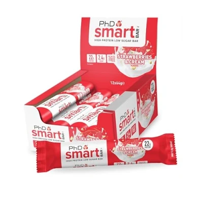 Abbildung von PhD Nutrition Smart Bar Protein Riegel, Snack mit 22g Eiweiß und kaum Zucker / Makrofreundlicher Proteinriegel für unterwegs, 12er Packung 64g Erdbeere &amp; Sahne Geschmack