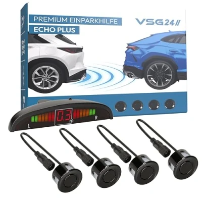 Abbildung von VSG24 Premium Einparkhilfe hinten mit Display zum nachrüsten am Auto, PDC Parksensoren Stecksystem für einfachste Montage 4 Rückfahrwarner Sensoren Parkhilfe Nachrüstsatz Schwarz