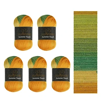 Abbildung von Wollbiene Summer Touch Batik 5 x 100 Gramm Wolle Mehrfarbig mit Farbverlauf, 500 merzerisierte Strickwolle Microfiber Acryl (509 citrus)