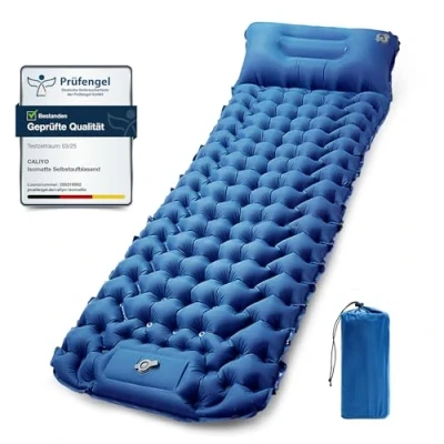 Abbildung von CALIYO Isomatte Selbstaufblasend Camping, 10cm Hoch Luftmatratze, Aufblasbare Matratze mit Integrierten Kopfkissen, Ultraleicht, Kleines Paket, Fußpresse Pumpe.