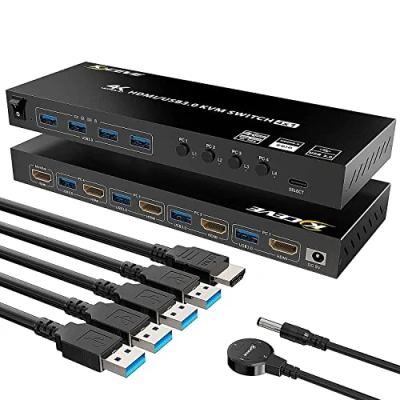 Abbildung von KVM HDMI Umschalter, KCEVE 4 Computer USB 3.0 Switch unterstützt 4K @ 60Hz Auflösung für PC Share Maus, Tastatur und Monitor