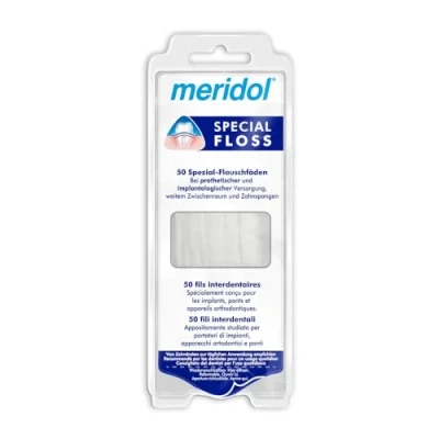 Abbildung von meridol Zahnseide Special Floss, 1 x 50 Stück zur Reinigung weiter Zahnzwischenräume, geeignet für Träger von Brücken, Kronen und Implantaten