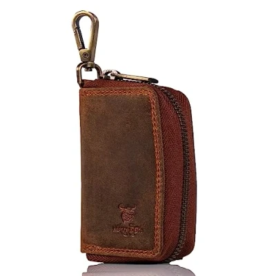 Abbildung von MATADOR Echt Leder Schlüsselmäppchen für Auto Motorrad Schlüssel Tasche Hunter Braun mit Karabiner Metall Reißverschluss