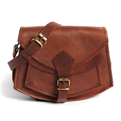 Abbildung von LEABAGS Leder Handtasche Damen I Premium Echtleder Umhängetasche Schultertasche Damentasche Tragetasche für Arbeit Uni Schule Freizeit Größe M (23 x 15 7 cm) Vintage Cognac