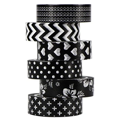 Abbildung von UOOOM 6 Rolls 10M x 15MM Washi Tape Set Masking Schwarz Weiß Muster Dekoband Klebebänder DIY Scrapbook deko (Schwarz)