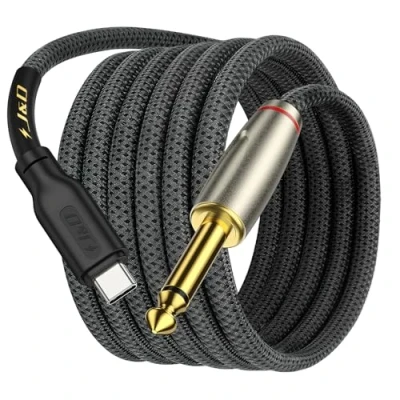 Abbildung von J&amp;D USB Typ C auf 6,35 mm 1/4 Zoll TS Stecker Audio Mono Interconnect Aux Adapterkabel Kompatibel mit iPhone 15/15 Plus/15 Pro/15 Pro Max Vergoldet Geflochten Kabel, 2 Meter