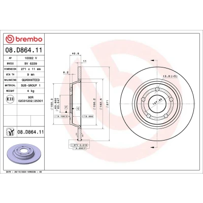 Abbildung von BREMBO 08.D864.11 Bremsscheibe 271 11 5 voll beschichtet FORD: Focus Mk4 Turnier, Hatchback, Saloon