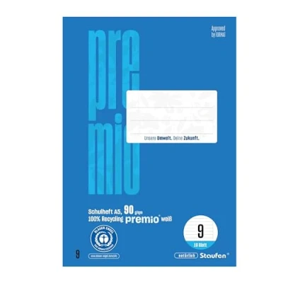 Abbildung von Staufen premio Schulheft 10 Hefte je 16 Blatt, DIN A5, Lineatur 9 (10mm liniert mit Rand), 90 g/m² Recyclingpapier, runde Ecken verhindern „Eselsohren“