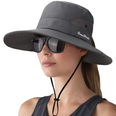 Abbildung von DRESHOW Damen Sonnenhut Outdoor UV Schutz Hut Faltbar Mesh Breite Krempe Angeln Pferdeschwanz Strand Eimer Hüte mit Sonnenbrille
