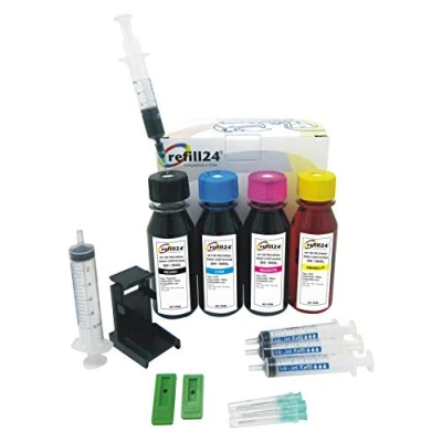 Abbildung von refill24 Nachfüllset: Nachfülltinte 400 ml kompatibel für Druckerpatronen HP 304, 304 XL Schwarz und Farbe + Zubehör Druckertinte DeskJet 2630, 3720, 3730, 3735, 3750, 3760, Envy 5020, 5030