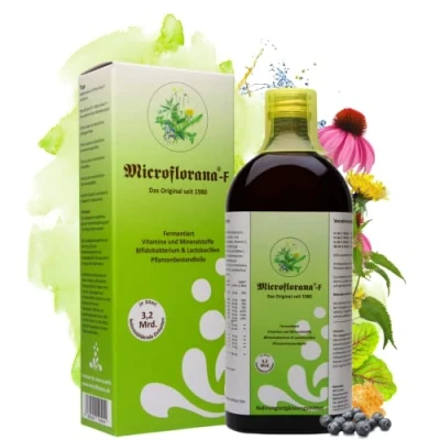 Abbildung von Microflorana® F Probiotika Darmsanierung Ansiedlungsfähige Bakterienstämme Vitamine und Mineralstoffe inkl. Dosierhilfe Pflanzenbestandteile flüssig Seit 1980 500 ml