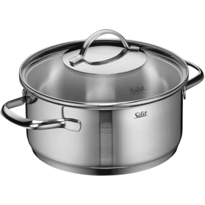 Abbildung von Silit Achat Kochtopf klein 20cm, Glasdeckel, Bratentopf Induktion 2,5l, Edelstahl teilmattiert, unbeschichtet, backofengeeignet