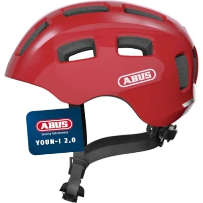 Abbildung von ABUS Fahrradhelm Youn I 2.0 mit Licht für Kinder, Jugendliche und junge Erwachsene Mädels Jungs Rot, Größe S