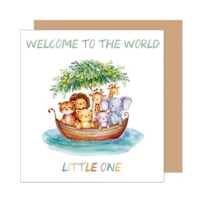Abbildung von Edition Seidel Premium quadratische Glückwunschkarte zur Geburt mit Umschlag. Karte Grußkarte Babykarte Billet Hello Baby Kind Junge Mädchen Arche Tiere Little One (EQ113 SW024)