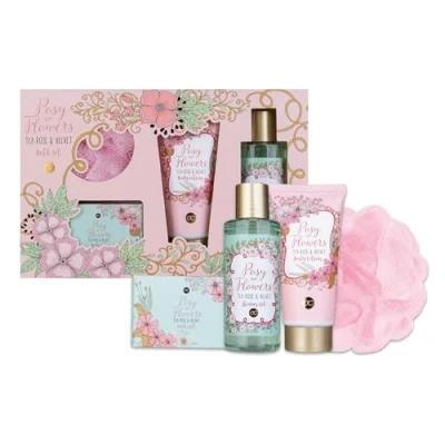 Abbildung von accentra Geschenkset Frauen POSY OF FLOWERS 4 teilig Badeset Geschenk mit Bodylotion, Badesalz, Duschgel &amp; Netzschwamm Wellness Set für Mädchen zum Geburtstag Valentinstag