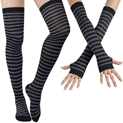 Abbildung von DRESHOW Kniestrümpfe Regenbogen Oberschenkel Hohe Socken Overknee Strümpfe Fingerlose Handschuhe Hülsen Set für Damen Mädchen Party Stützen Kostüm Halloween