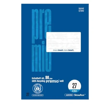 Abbildung von Staufen premio Schulheft 10 Hefte je 16 Blatt, DIN A5, Lineatur 27 (9mm liniert m. Randlinie), 90 g/m² Recyclingpapier, runde Ecken verhindern „Eselsohren“