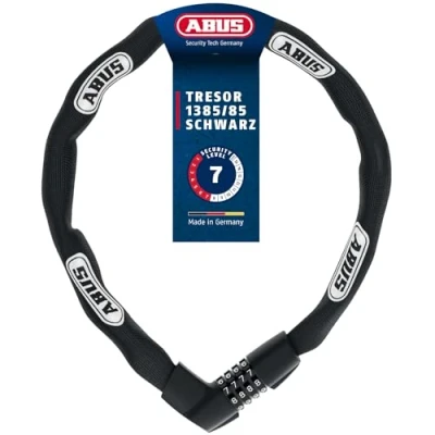 Abbildung von ABUS Kettenschloss Tresor 1385 Zahlenschloss aus gehärtetem Stahl 7 mm starke Vierkantkette Sicherheitslevel 85 cm Schwarz