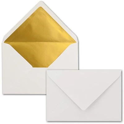 Abbildung von Kuverts Weiß 50 Stück Brief Umschläge DIN C6 114 x 162 mm 11,4 16,2 cm Naßklebung matte Oberfläche &amp; Gold Metallic Fütterung ohne Fenster für Einladungen