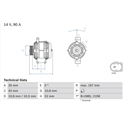 Abbildung von BOSCH 0 986 080 500 Lichtmaschine 14V 90A MERCEDES BENZ: A Class, B Class