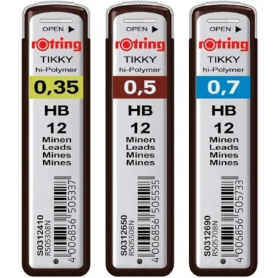 Abbildung von rOtring Hi Polymer Minen Set mit 3 Packungen je 12 0,35 mm, 0,50 mm 0,70 Härte: HB