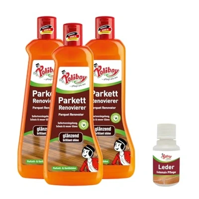 Abbildung von POLIBOY Renovierer glänzend Parkettaufbereiter für versiegelte Holzböden Parkettversieglung durch Schutzschicht Ohne Abschleifen 3 x 500 ml Mit Produktprobe Made in Germany